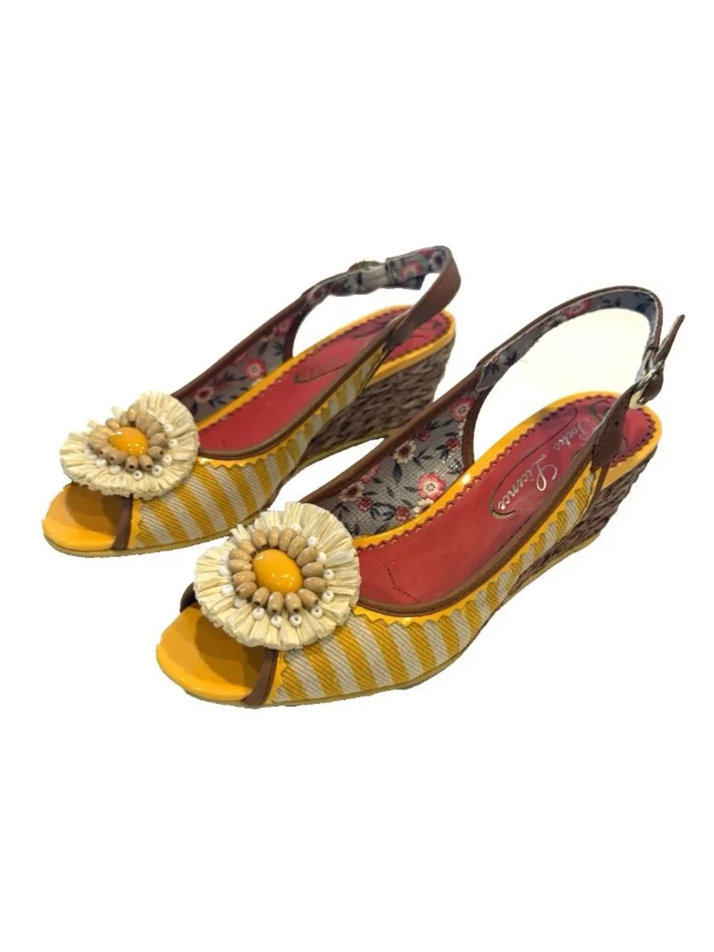 Poetic License Ava Sunshine Stripe Flower Wedge Slingback Sandals 36.5/ US 5-5.5